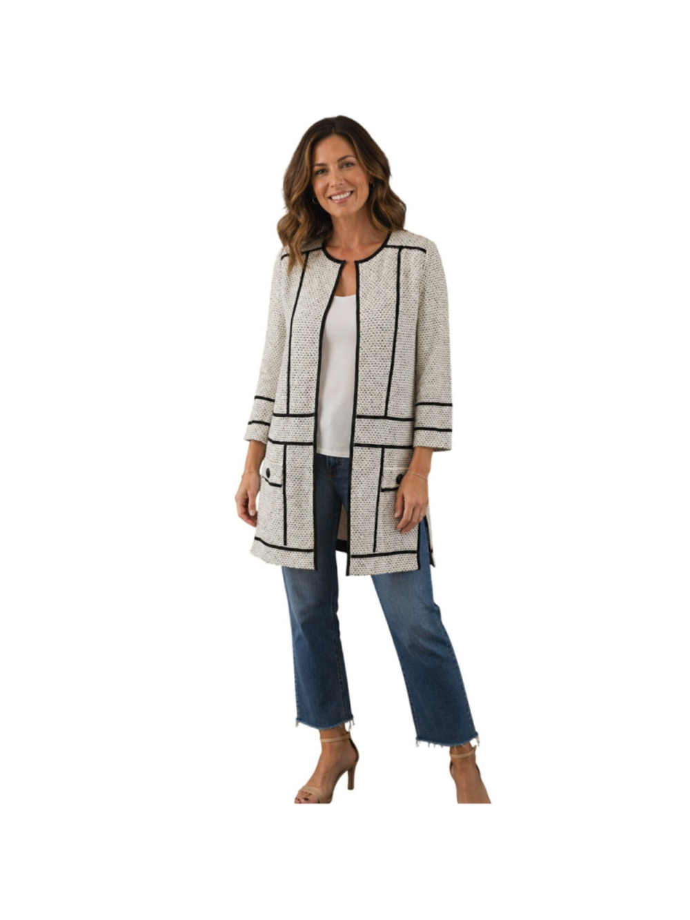 Ming Wang XS old money Lightweight Knit Open Front Jacket Cardigan Side Slit